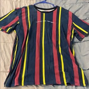 Dark blue shirt w/ red black and yellow stripes